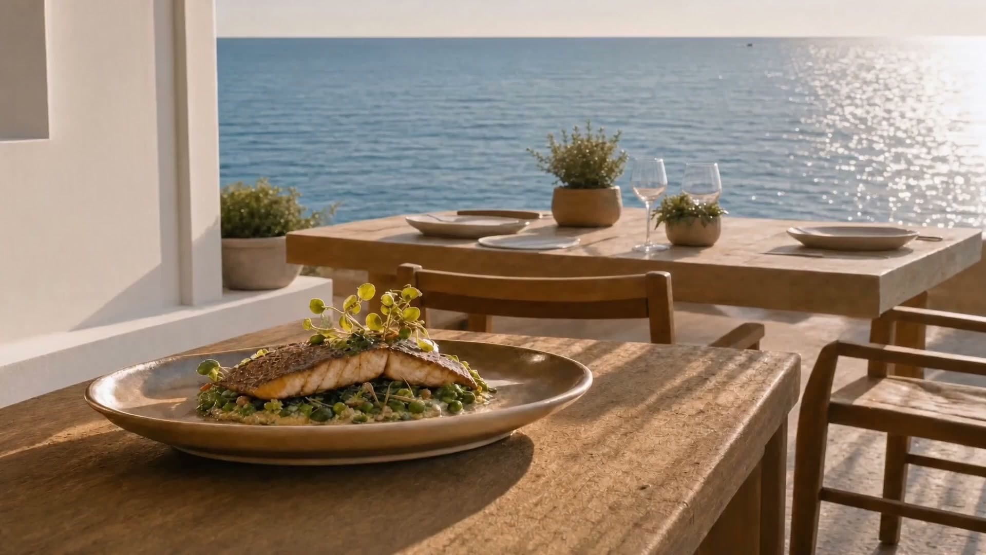 A plate of grilled fish on a wooden terrace table, the sea bright behind a second table laid for lunch.