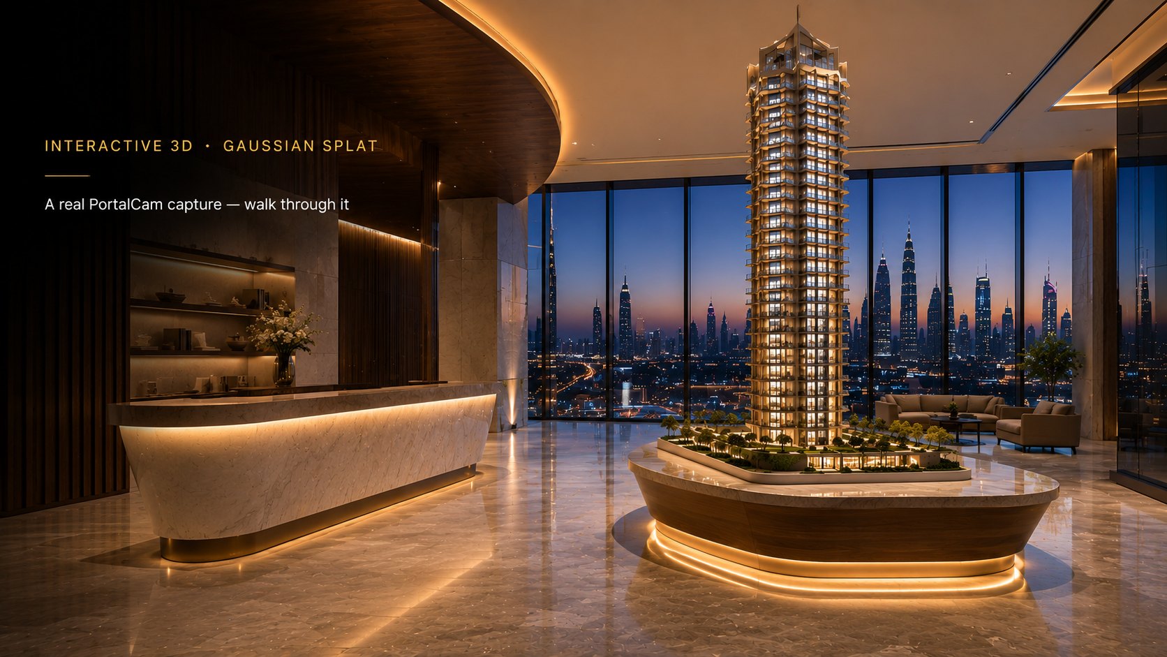 Sales showroom in Dubai Internet City, a real PortalCam 3D Gaussian-splat capture you can walk through in the browser.
