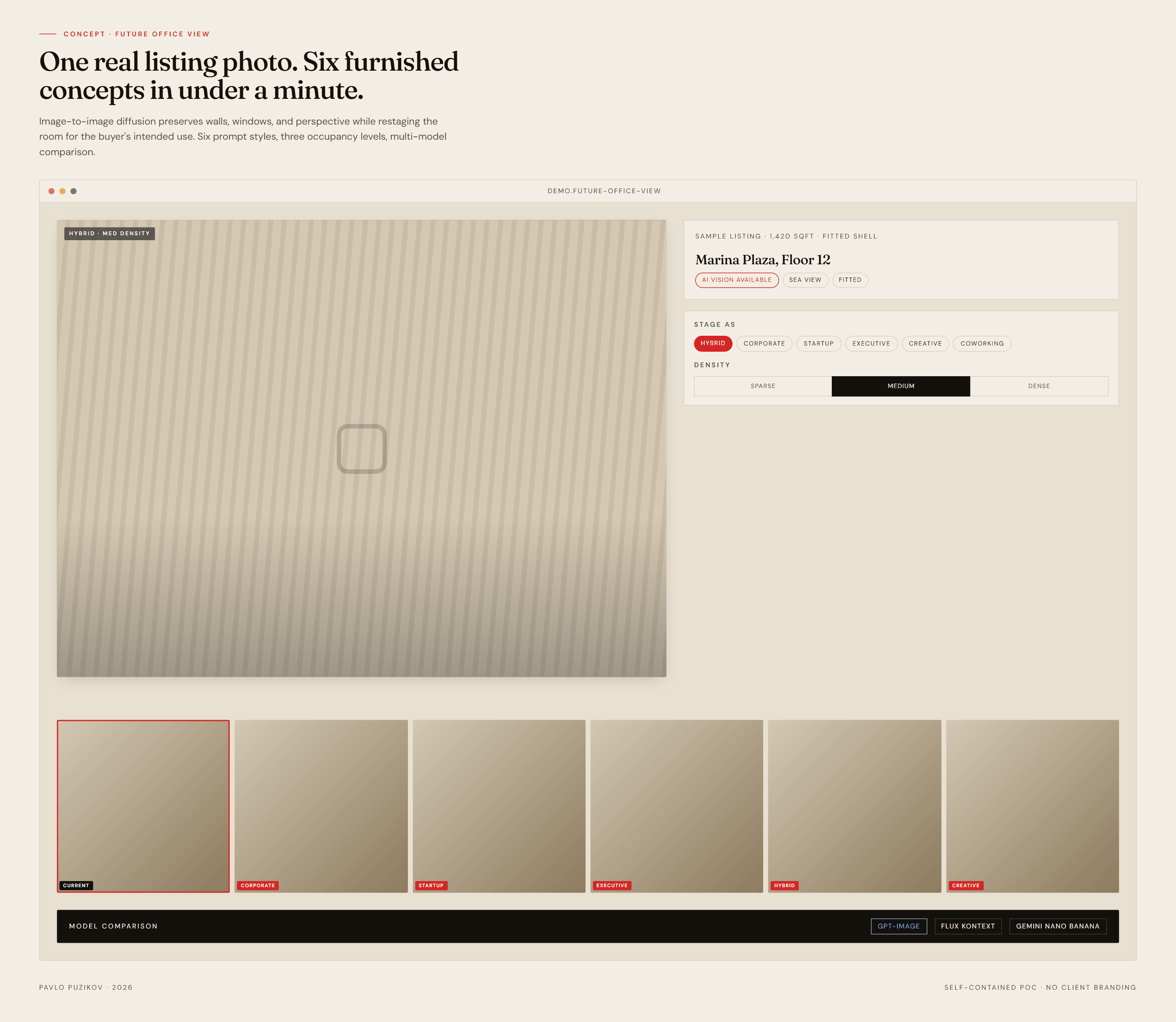 Future Office View demo — a sample Marina Plaza listing reframed in the Pavlo brand: six prompt styles (Hybrid / Corporate / Startup / Executive / Creative / Coworking), three occupancy densities, model comparison across GPT-Image / Flux Kontext / Gemini Nano Banana