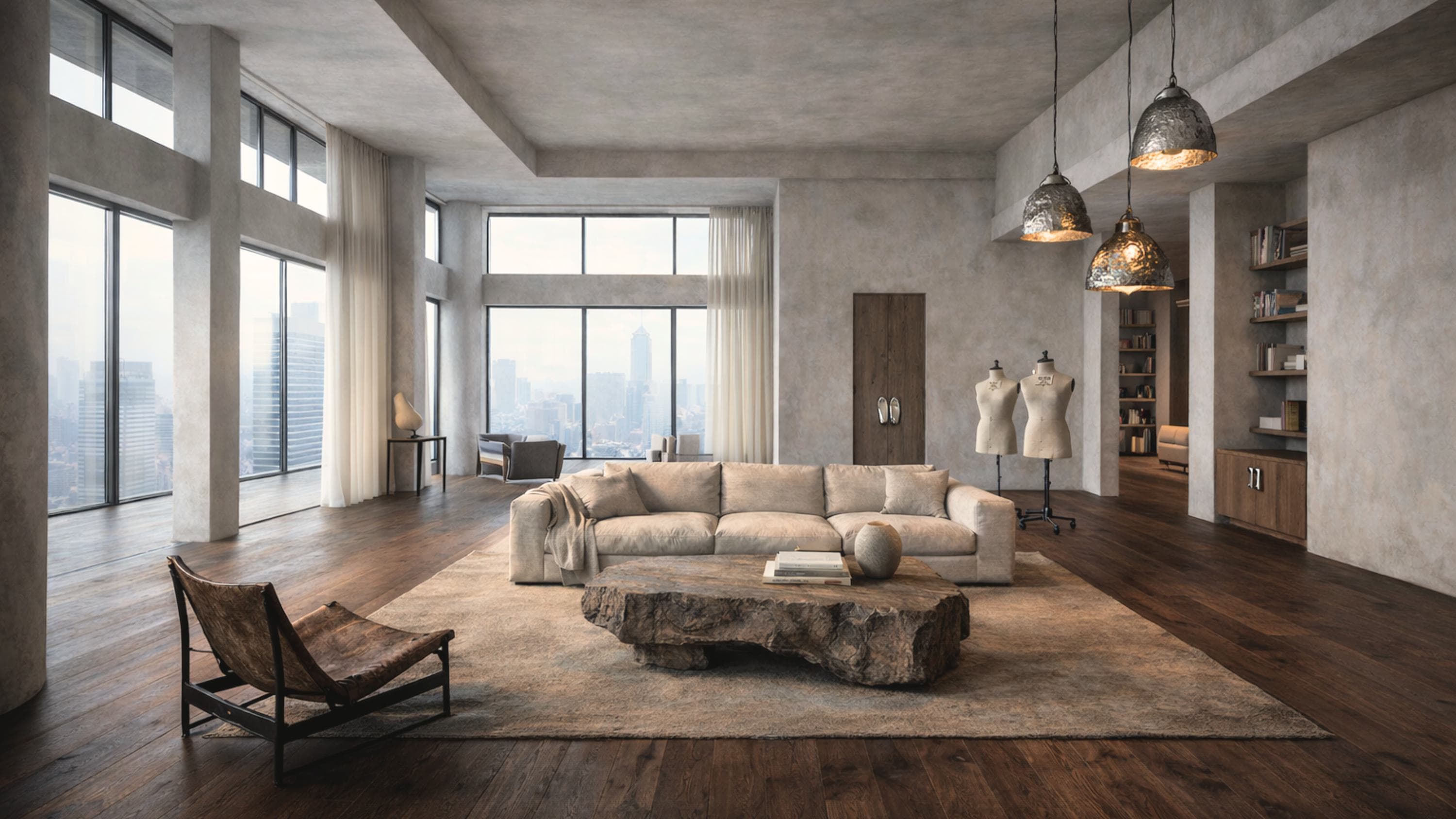 A penthouse living room concept render: floor-to-ceiling city-view windows, a raw-wood slab coffee table, hammered-metal pendant lights, and two dressmaker's mannequins standing beside a bookshelf.