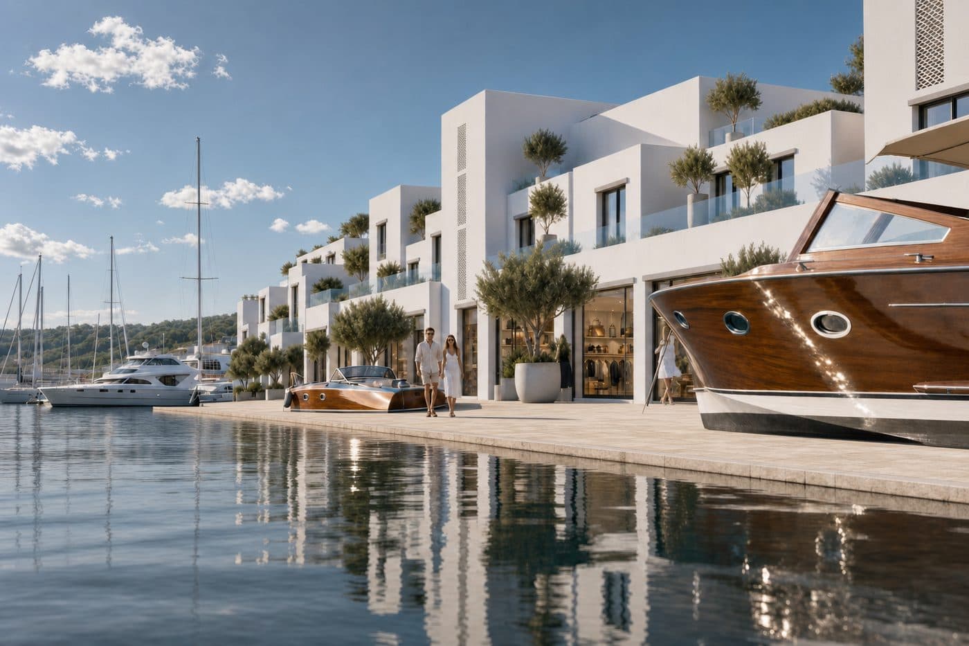 A marina promenade of white stepped terraces with olive trees on the roofs, a lit boutique open onto the quay, a couple walking past in linen, a varnished mahogany runabout moored in the foreground and yachts along the far pontoon.