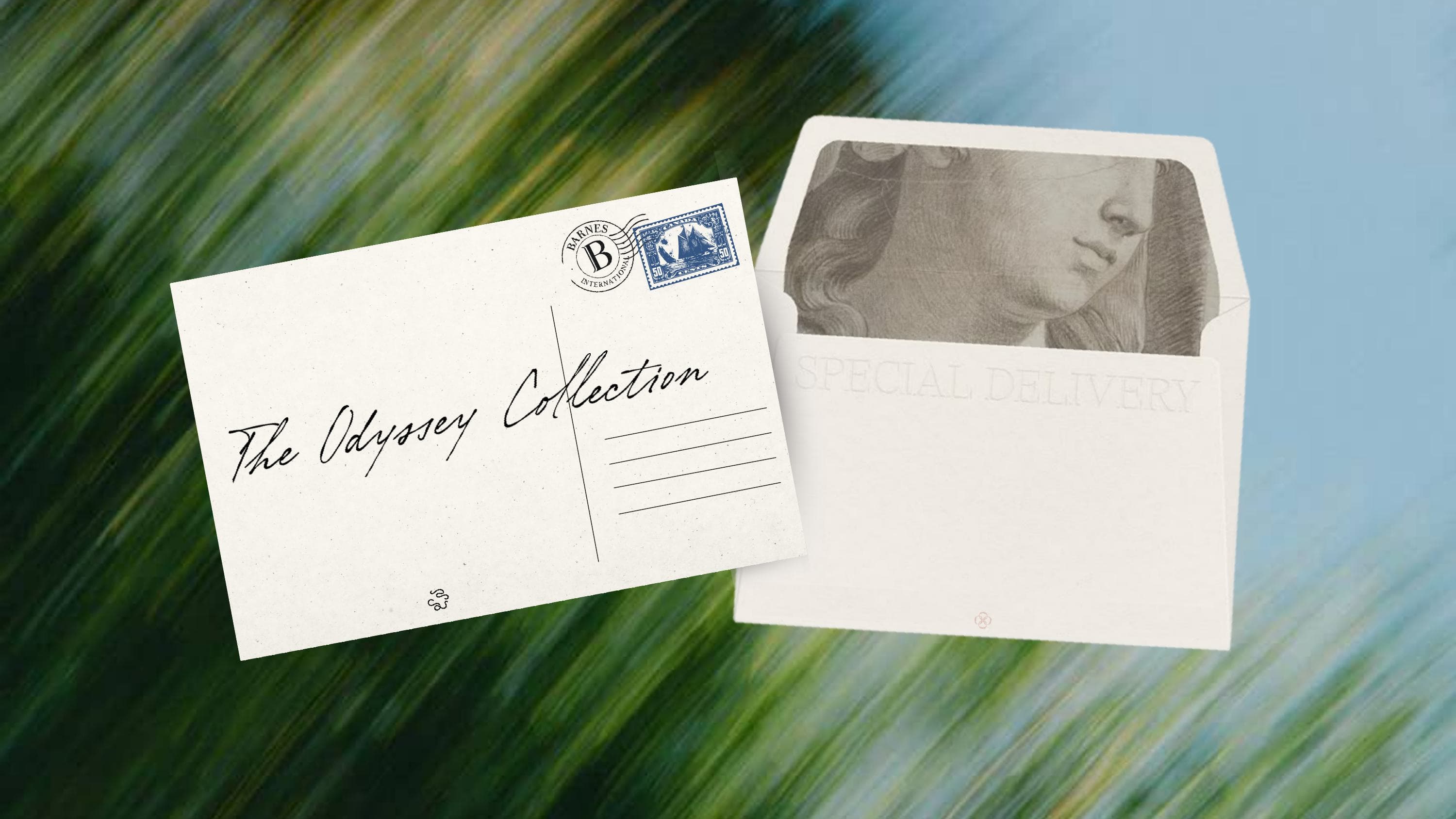 A hand-lettered postcard reading 'The Odyssey Collection' with a Barnes International postmark and a vintage sailing-ship stamp, beside an open envelope marked 'Special Delivery' printed with a classical engraved portrait.