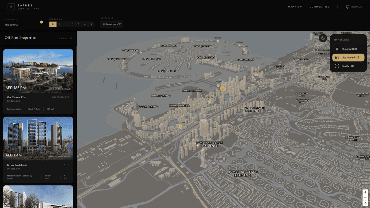 Dubai Digital Twin — city-scale 3D model with off-plan property listings in the BARNES portal