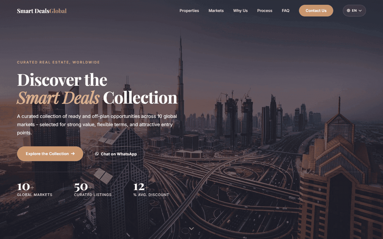 Smart Deals Global — live landing at smartdeals.global, Dubai skyline hero with Curated Real Estate Worldwide framing and 10 markets / 50 listings / 12% avg discount stats