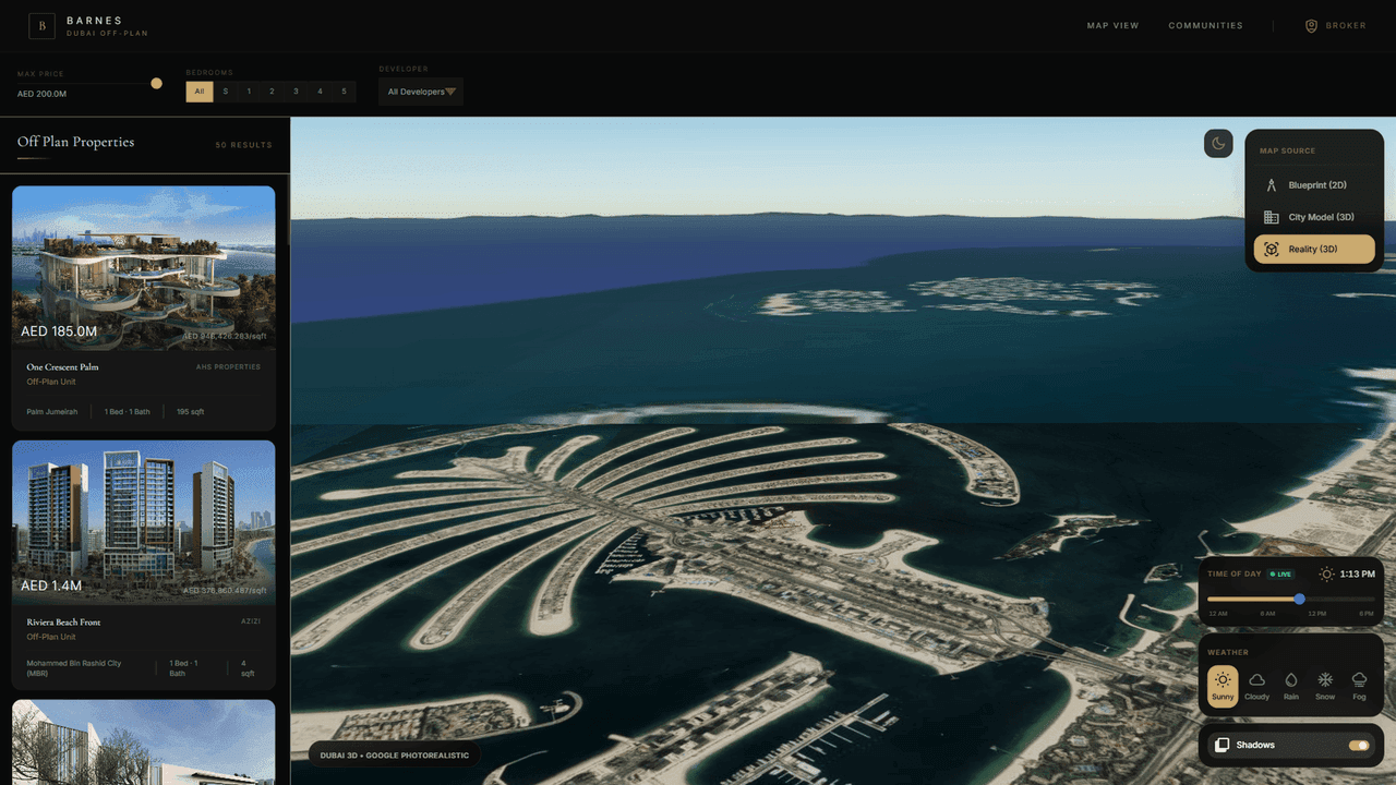Splat Viewer — Palm Jumeirah aerial twin embedded in the BARNES property-search interface, with off-plan listings on the left