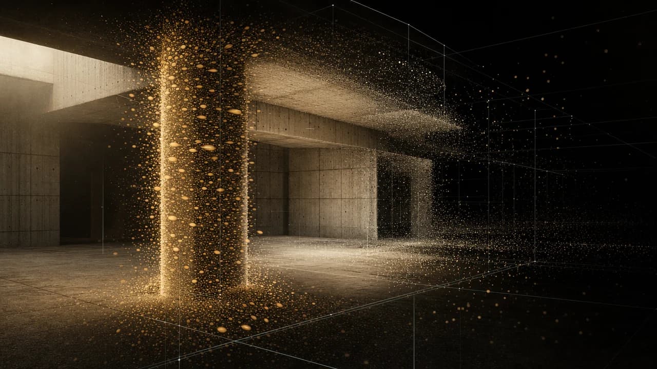 3DGS Research Pipeline cover — brutalist concrete interior partially resolved into a 3D Gaussian Splat point cloud; foreground column rendered as falling amber gaussians, geometric scaffold hairlines cutting through axis-aligned.