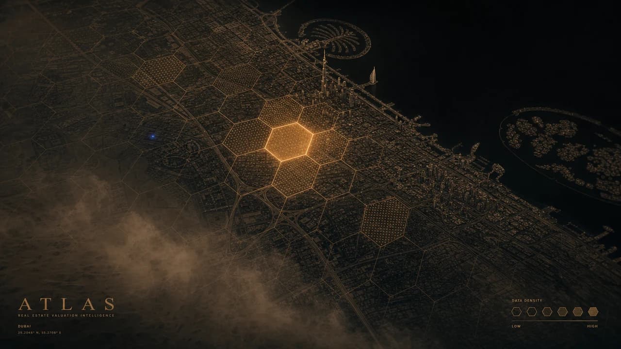 Atlas cover — overhead plan-view of a stylised Dubai-shaped metropolis at twilight with a luminous amber hex-grid overlaid on the city; one hex highlighted brighter than the rest, casting a faint halo on neighbours.