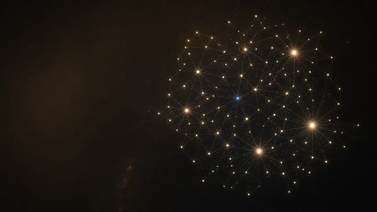 Barnes AI cover — abstract constellation of cream pin-light nodes connected by hairline filaments across a warm-dark gradient; three brighter agent-cores radiating short strokes outward, plus one cobalt-tinted node mid-network.