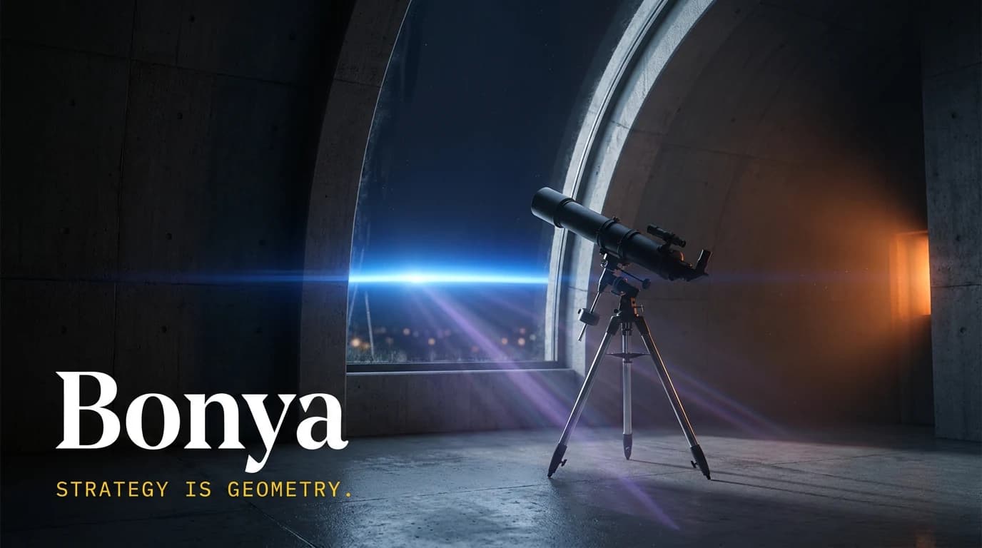 Bonya brand hero — brutalist concrete observatory at twilight with a matte-black telescope, electric-blue horizon glow through the arched window, and the Bonya wordmark in editorial sans-serif with 'STRATEGY IS GEOMETRY.' in mono yellow beneath.