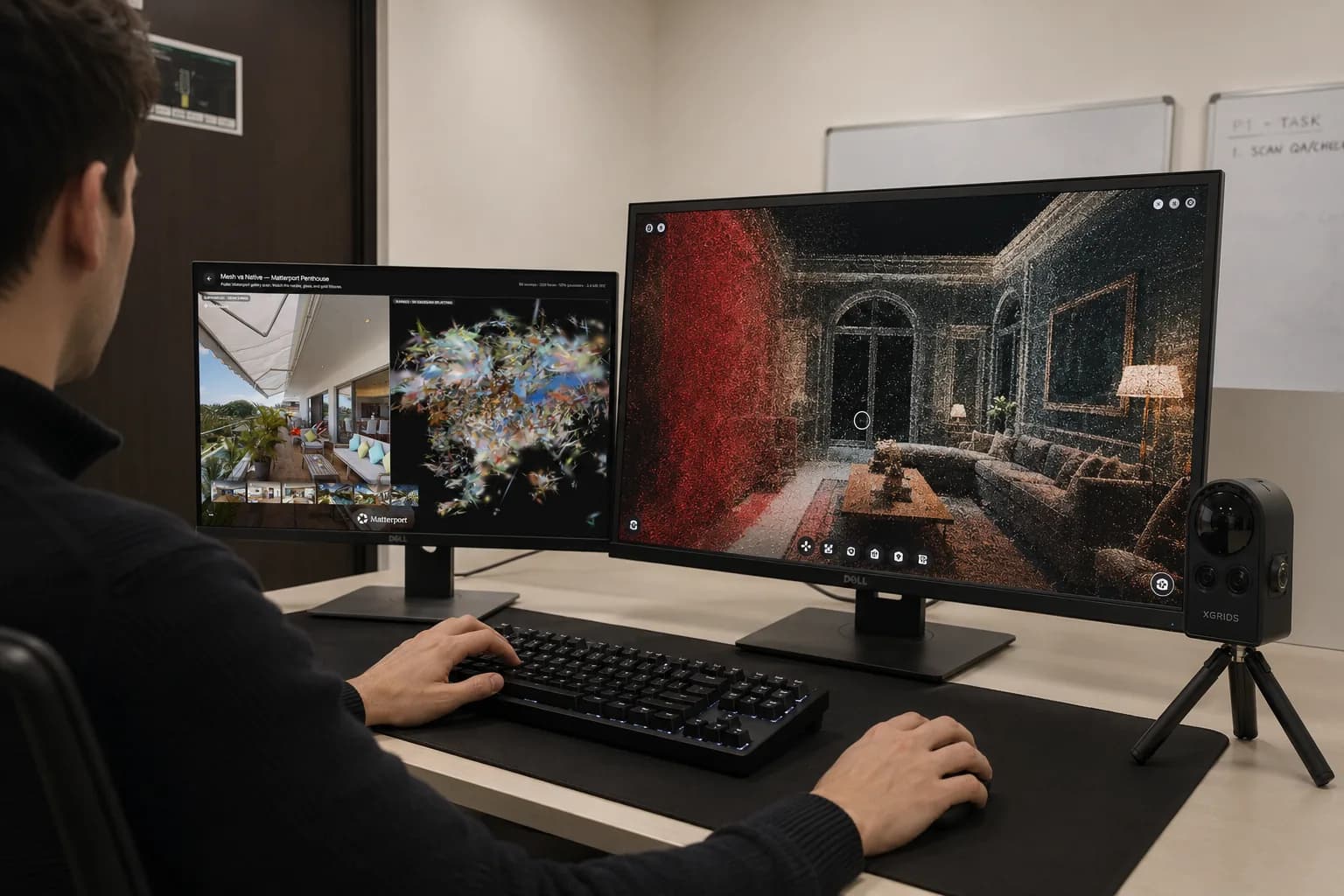 3DGS Research cover: an over-the-shoulder photo of a dual-monitor desk setup, the main monitor showing the Barnes Vantage splat viewer mid-navigation inside a scanned living room, the second monitor showing a Mesh vs Native comparison against a Matterport scan, with a PortalCam scanner resting on the desk.