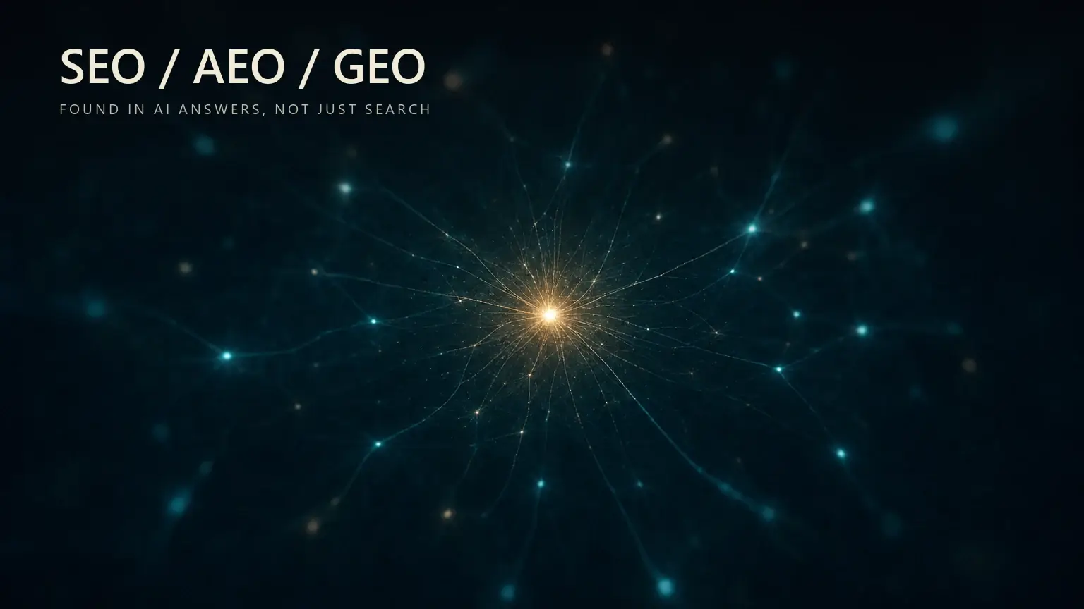 SEO, AEO and GEO Toolkit cover: a single luminous query at the centre radiating fine threads out to many softer points, an abstract impression of a query rippling to many answer engines, titled 'SEO / AEO / GEO' over the line 'Found in AI answers, not just search'.
