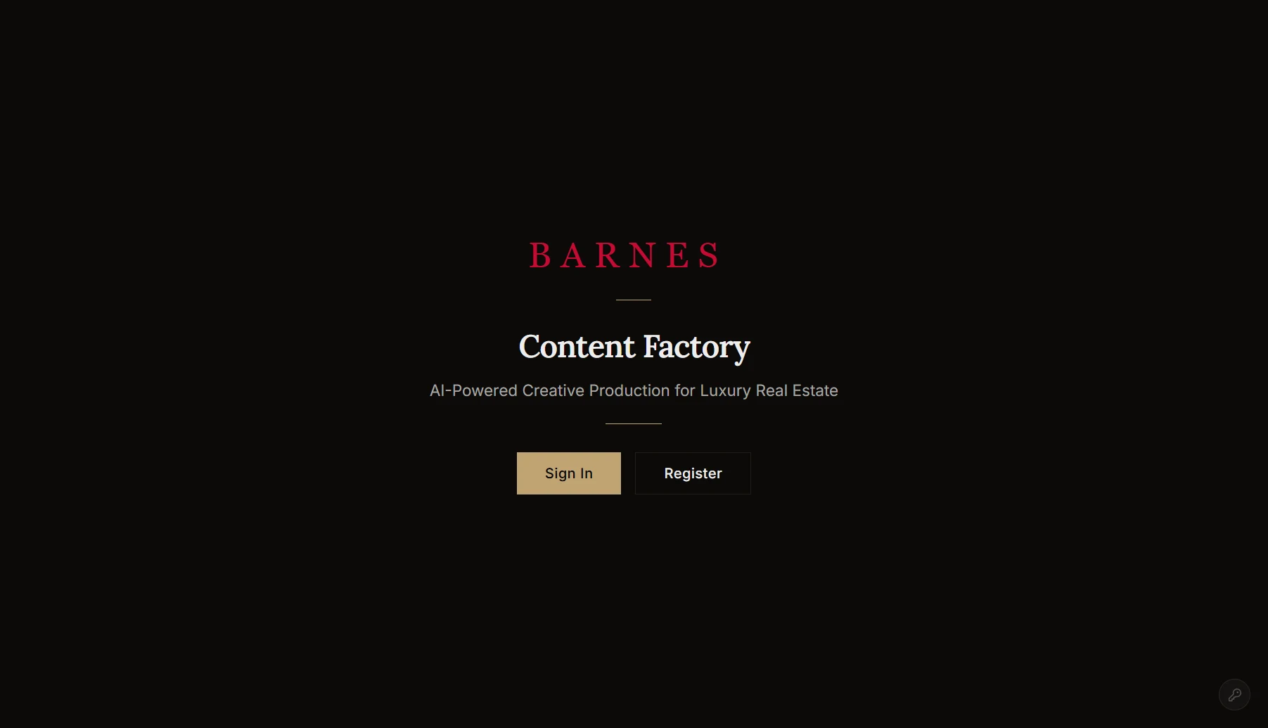 The Content Factory splash screen: a BARNES wordmark, the Content Factory title, the tagline 'AI-Powered Creative Production for Luxury Real Estate,' and Sign In / Register buttons on a dark ground.