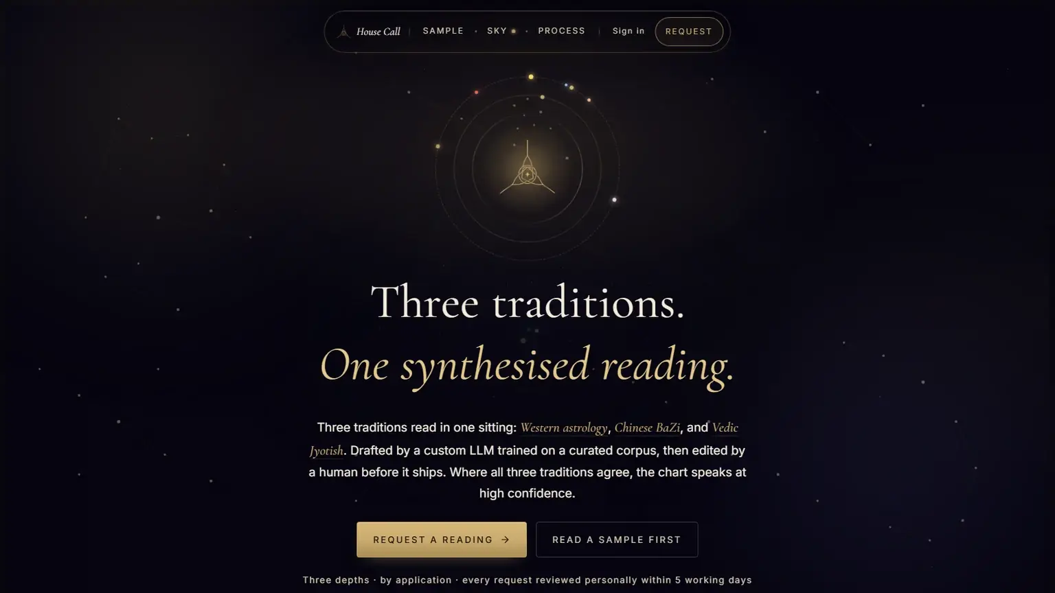 House Call cover: the live housecallastro.com landing, a dark celestial page with a glowing chart graphic and the headline 'Three traditions. One synthesised reading.' over a starfield.