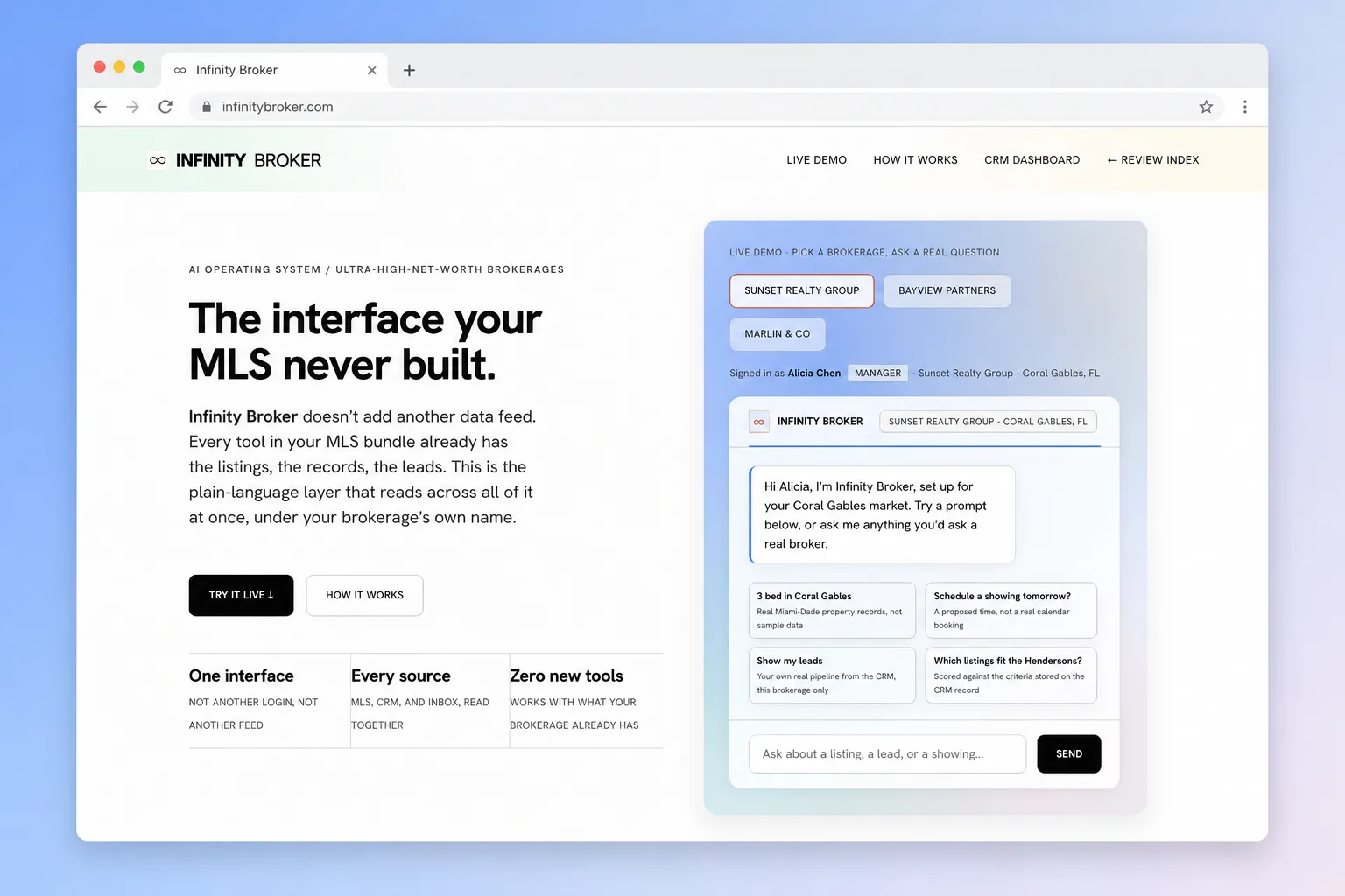 Infinity Broker cover: a browser-framed product hero on a soft blue gradient, headline 'The interface your MLS never built', beside a live chat demo panel with a brokerage team switcher and a broker asking a real Coral Gables question.