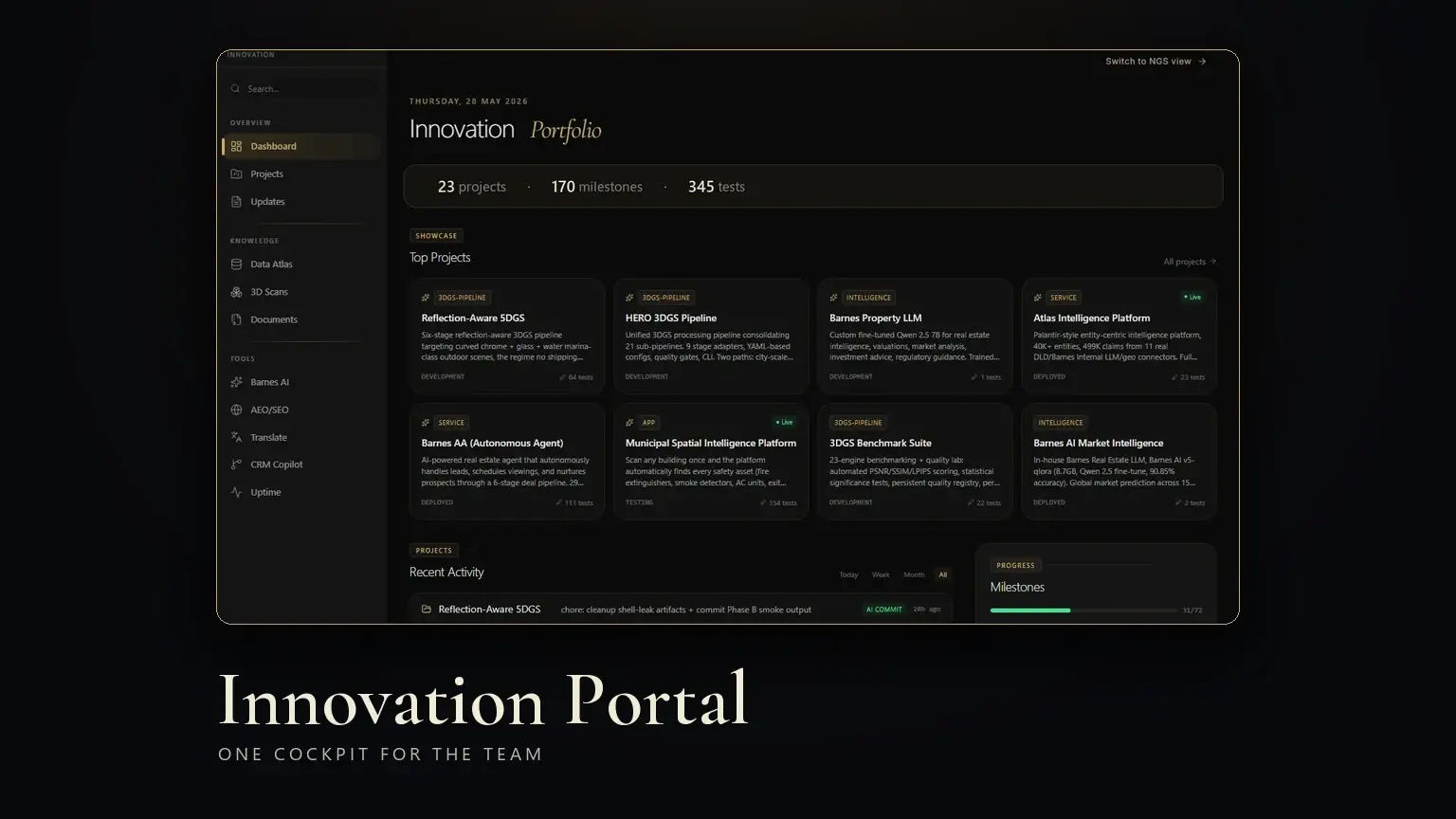 Innovation Portal cover: the real cockpit, an Innovation Portfolio dashboard showing 23 projects, 170 milestones and 345 tests with project cards and a sidebar, framed as a window on a dark gold-lit scene and titled 'Innovation Portal'.