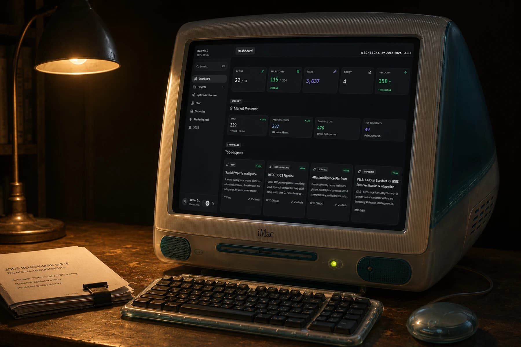 The Barnes Dubai Dev Portal dashboard running on a 1998 Bondi Blue iMac G3, lit by a single desk lamp in a dark room. The screen shows 22 of 33 projects active, 115 of 204 milestones and 3,637 tests above a Market Presence row and a grid of project cards, with a printed 3DGS benchmark specification, the translucent keyboard and the round mouse on the desk.