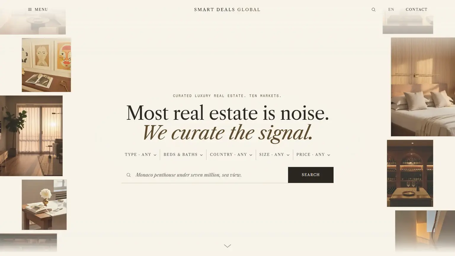 Smart Deal Global cover: the live smartdeals.global landing, an editorial luxury real-estate site with the headline 'Most real estate is noise. We curate the signal.' over a grid of curated property thumbnails.