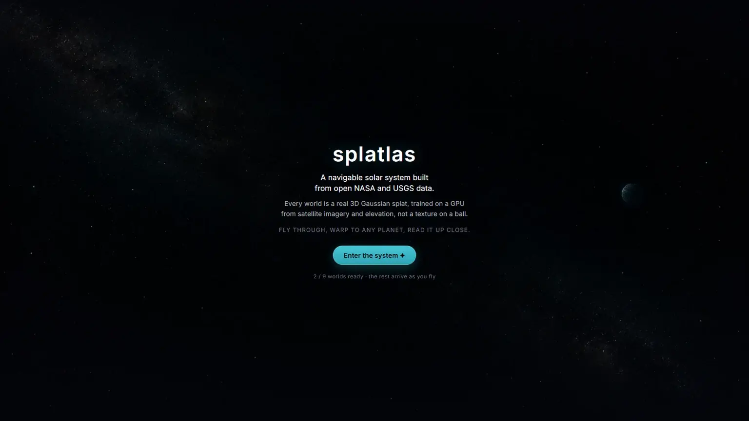 Splatlas cover: the live splatlas.space app, the navigable 3D-Gaussian-splat solar system, a planet over a deep starfield with the intro to a solar system built from open NASA and USGS data.