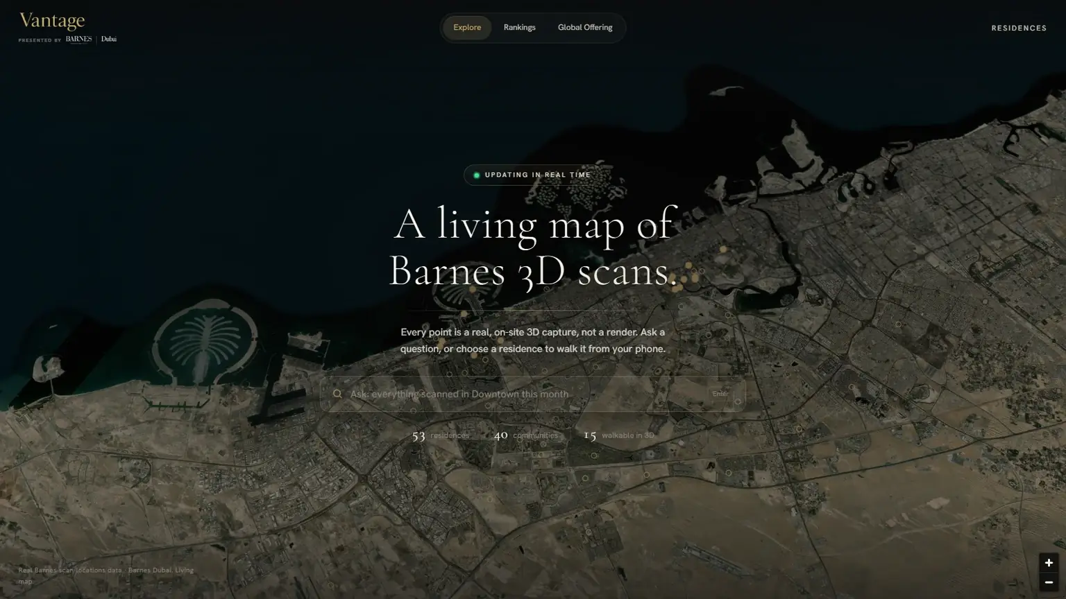 Barnes Vantage cover: the live pilot app, a dark satellite map of Dubai with Palm Jumeirah visible, the headline 'A living map of Barnes 3D scans', and Explore, Rankings and Global Offering modes in the BARNES gold-on-black design system.