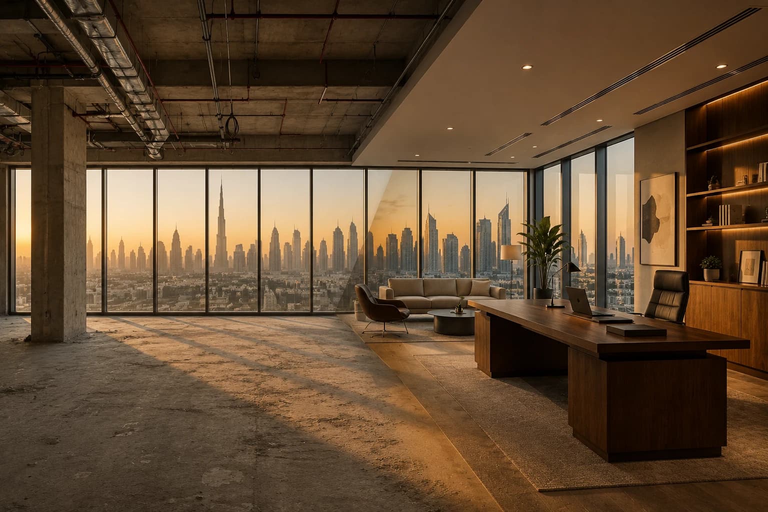 Future Office View before/after: one continuous unfinished Dubai high-rise office at golden hour, raw concrete and exposed ceiling on the left blending into the same room staged as a furnished executive office on the right, a real skyline with the Burj Khalifa visible through the windows.