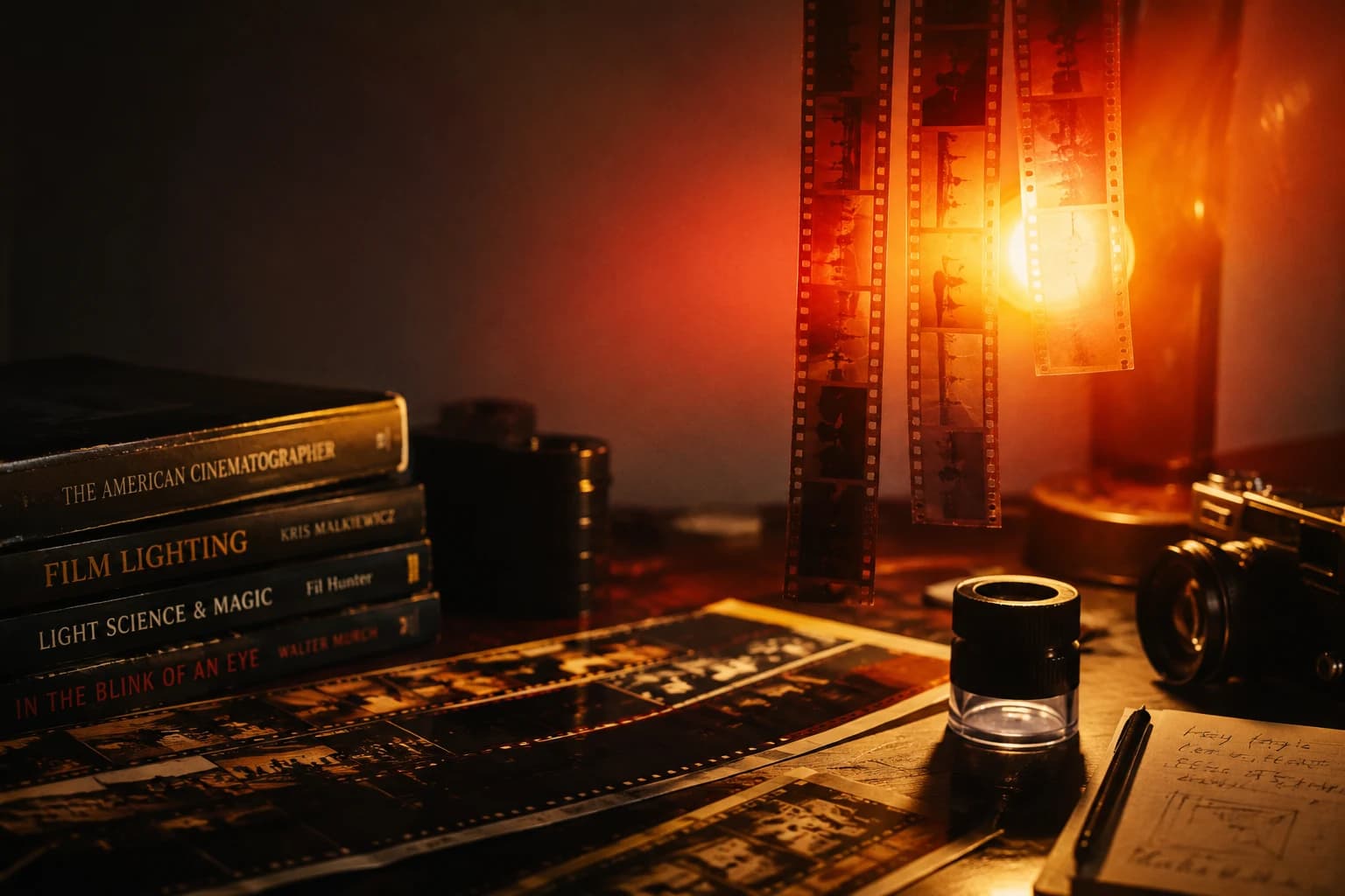Halation cover, a film-noir desk still life: cinematography books, a loupe, a contact sheet, and hanging film-strip negatives lit by a warm tungsten bulb bleeding halation-amber light.
