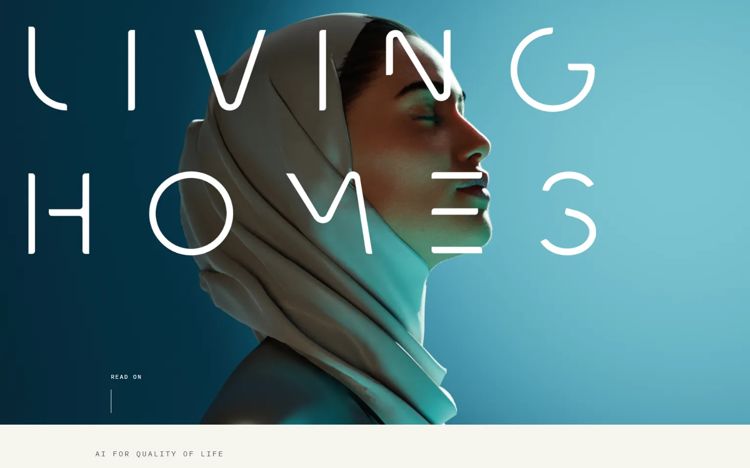 The landing mockup's opening screen: a full-bleed blue and teal render of a woman in profile in a pale headscarf, eyes closed, with LIVING HOMES set across her in thin white capitals over two lines.