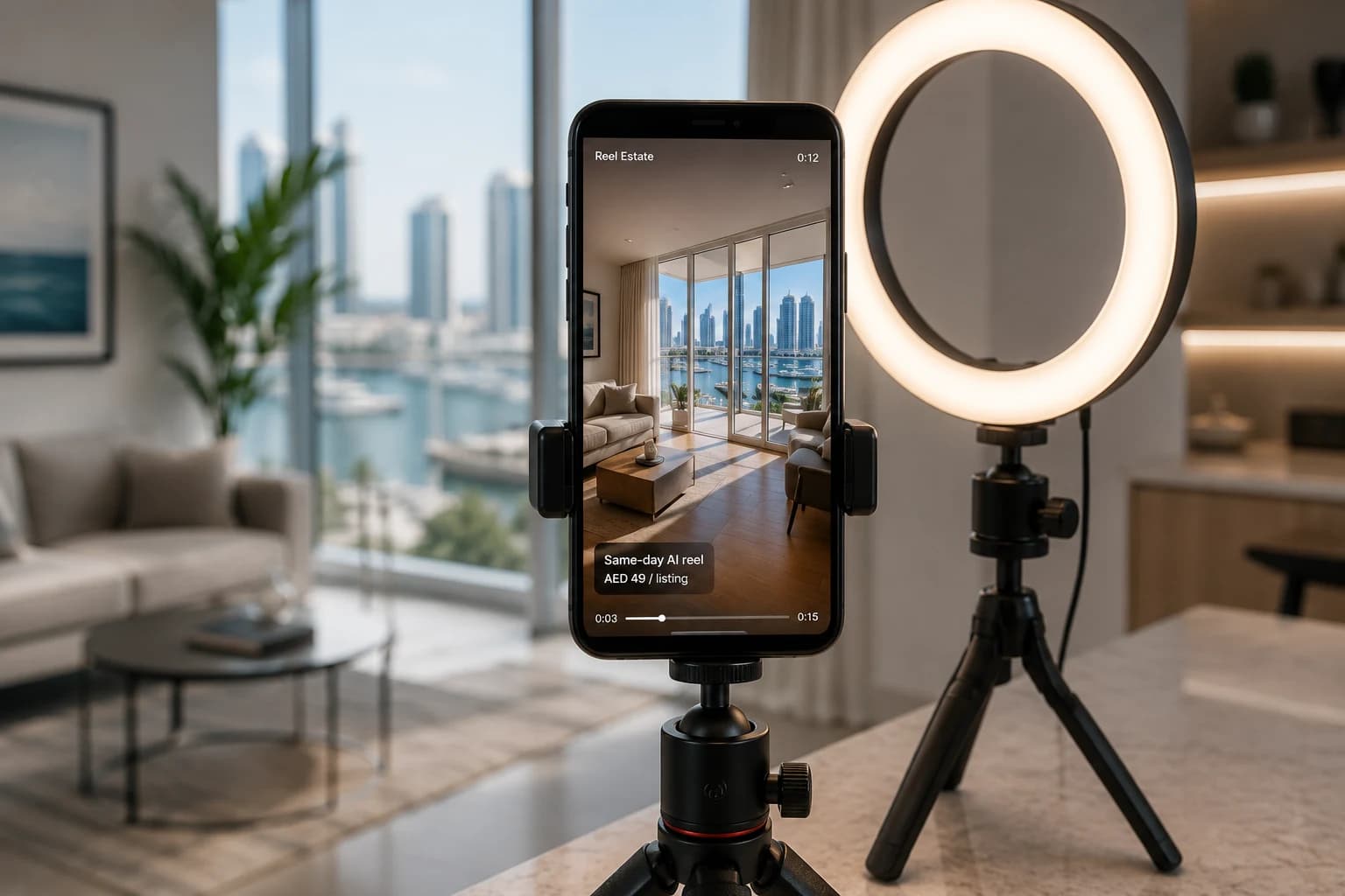 Reel Estate cover, a phone on a tripod with a ring light framing a Dubai Marina living-room shot, the phone screen showing the same room mid-render as an AI listing reel priced at AED 49.